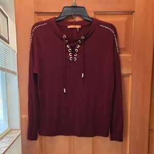 Belldini Burgundy Lace-Up Sweatshirt with Studded Shoulders